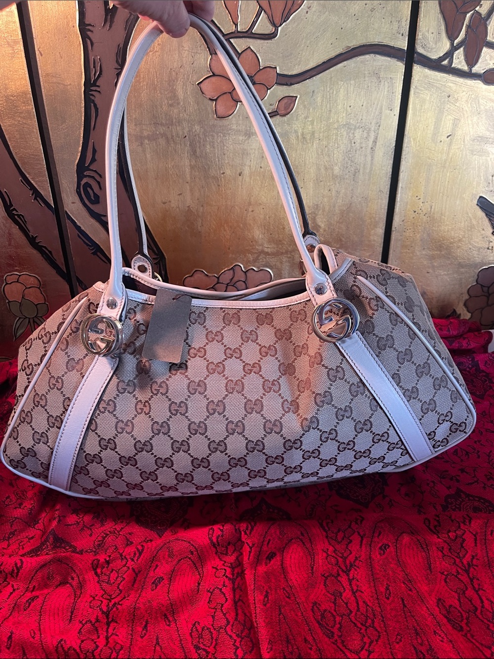 Gucci Beige Monogram Canvas Shoulder Bag with White Trim